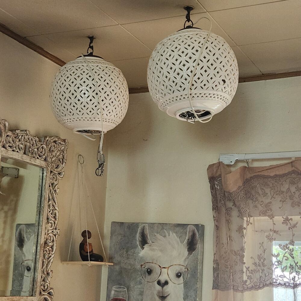 Set of 2 Ceramic Blanc De Chine Reticulated White Pierced Swag Lamps